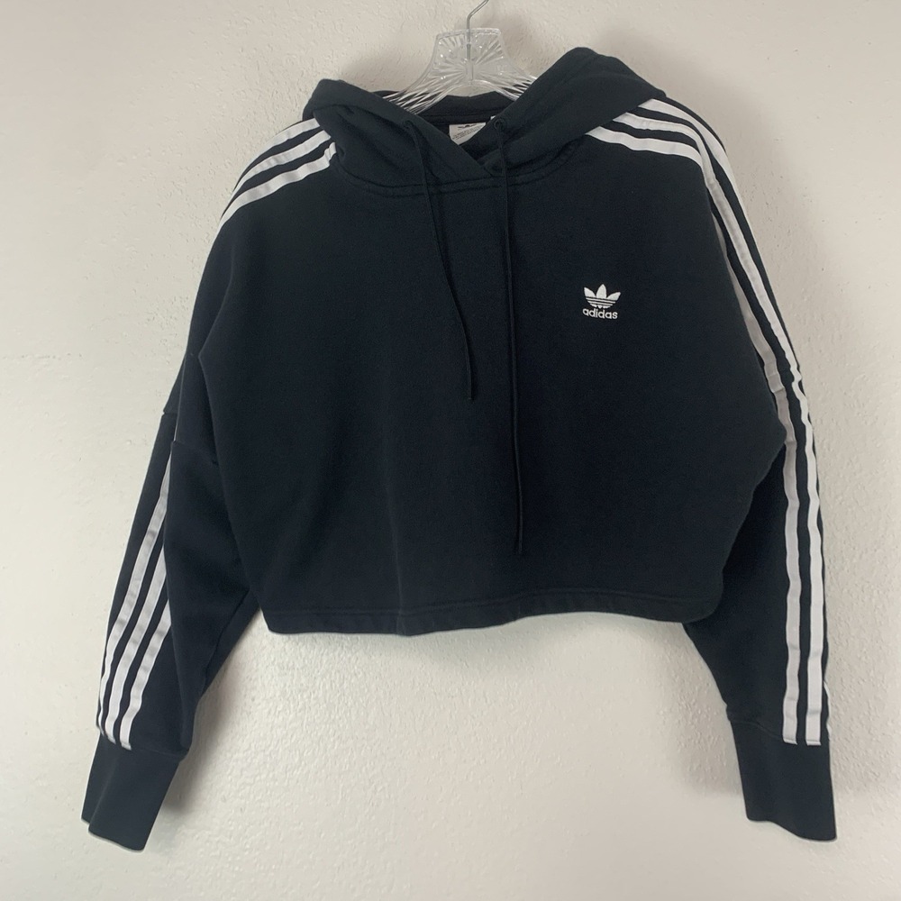 Adidas Sweatshirt Womens Medium Cropped Hoodie The Stripes Logo Sporty Boxy M